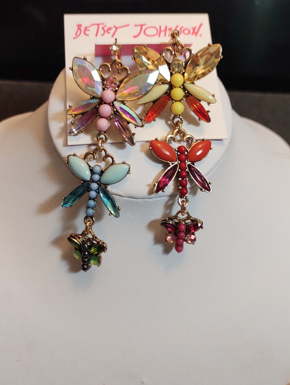 Betsey Johnson Multicolor Dragonfly Drop Earrings - Colorful Crystal Statement - Picture 5 of 5
